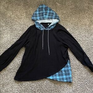 SHEIN Black and Blue Plaid Hoodie Sweatshirt